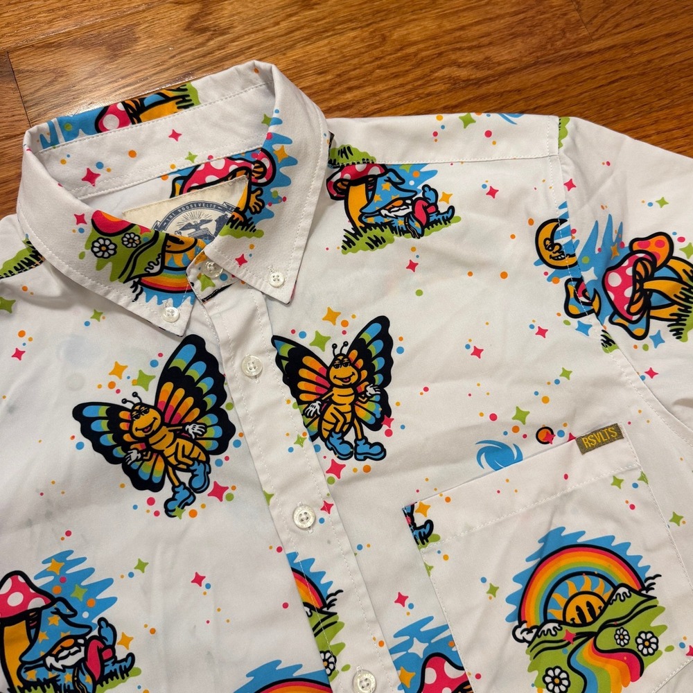 RSVLTS "Have A Good Trip" Button Up Shirt Mens XS White Psychedelic Mushroom
